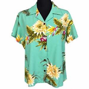 Vintage Two Palms Tropical Floral Made In Hawaii Rayon Women Medium Short Sleeve